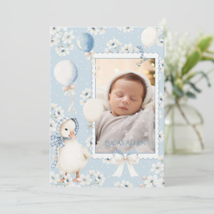 Blaue florale Enten-Foto-Vintage-Geburtsanzeige Einladung
