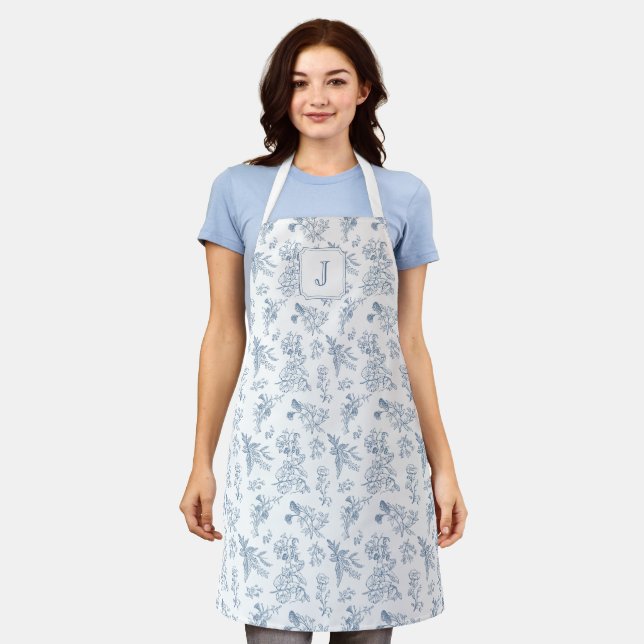 Blaue florale französische Toile Custom Monogramm Schürze (Getragen)