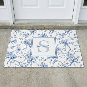 Blaue florale französische Toile Monogramm Name Fußmatte
