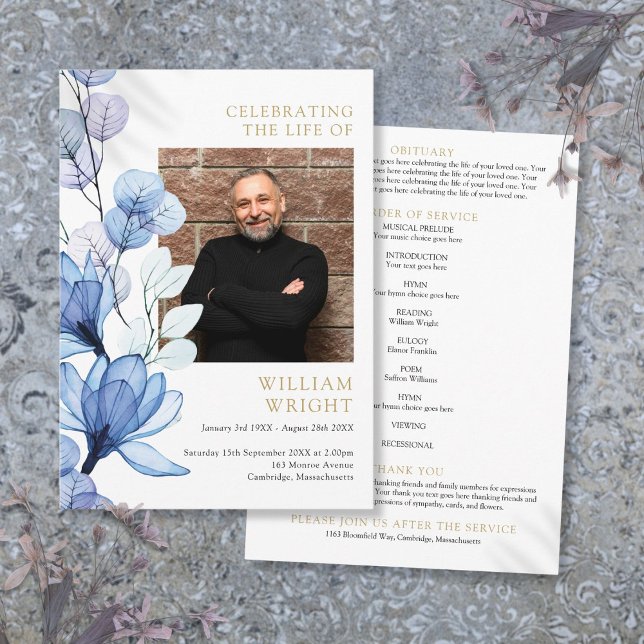 Blaue florale Gedenkfeier Programm (Blue Floral Memorial Funeral Order Of Service Program)