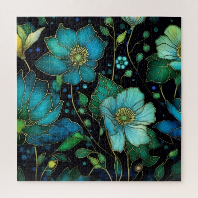 Blaue florale Glasmalerei-Botanik-Puzzle Puzzle (Vertikal)