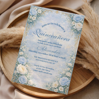 Blaue Florale Gold-Garten-Quinceañera Einladung