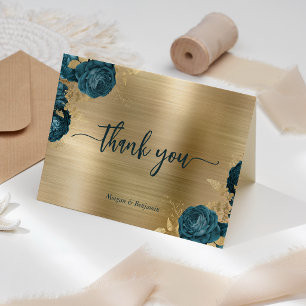 Blaue Florale Gold Gebürstete Metall Hochzeit Dankeskarte