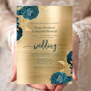 Blaue Florale Gold Gebürstete Metall Hochzeit Einladung
