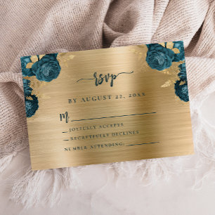 Blaue Florale Gold Gebürstete Metall Hochzeit RSVP Begleitkarte