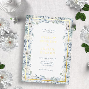 Blaue Florale Goldene Hochzeit Folieneinladung