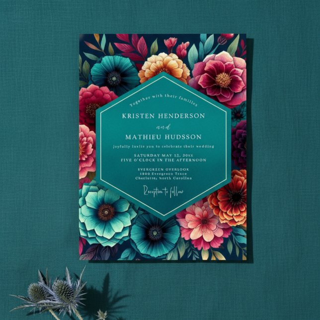Blaue Florale Herbsthochzeit Einladung (Von Creator hochgeladen)