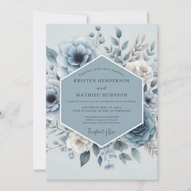 Blaue Florale Hochzeit Einladung (Vorderseite)