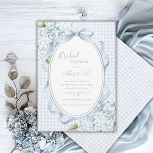 Blaue florale Hortensien Gingham Whimsical Braut- Einladung