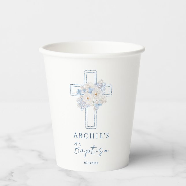 Blaue Florale Kreuz-Taufe Pappbecher (Vorderseite)
