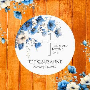 Blaue Florale Kreuz Zwei Werden Eins Hochzeit Runder Aufkleber