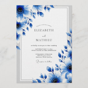 Blaue florale künstlerische Hochzeitsromantik Einladung