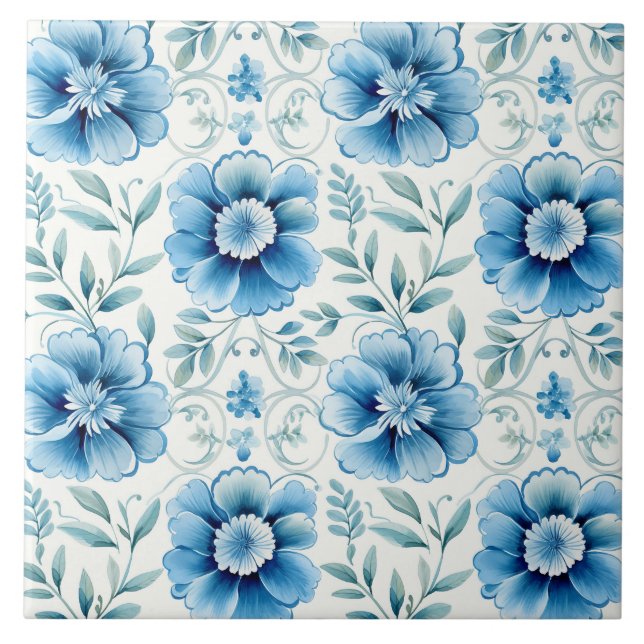 Blaue Florale Mediterrane Eleganz Fliese (Vorderseite)
