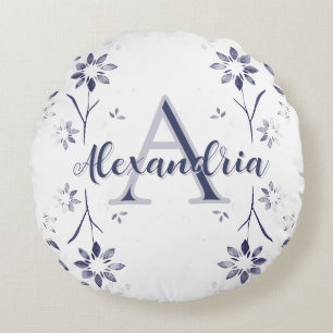 Blaue Florale Personalisierte Monogramm Name Rundes Kissen