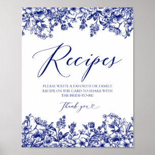 Blaue Florale Rezeptkarten-Schilder Hinterlassen S Poster