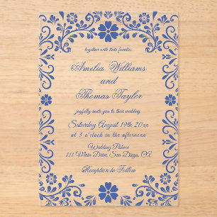 Blaue florale romantische Hochzeitseinladung Acryleinladungen
