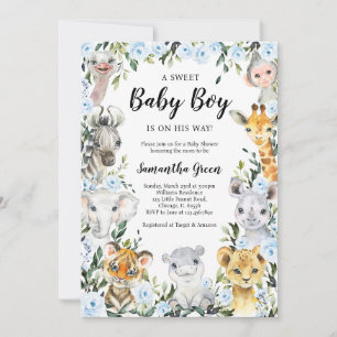 Blaue Florale Safari-Dschungel-Baby-Party Einladung