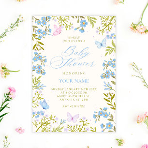Blaue florale Schmetterlinge Baby-Party Einladung