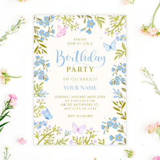 Blaue florale Schmetterlinge Geburtstag Einladung