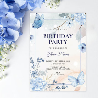 Blaue florale Schmetterlinge Geburtstag Einladung