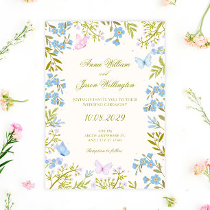 Blaue florale Schmetterlinge Hochzeit Einladung