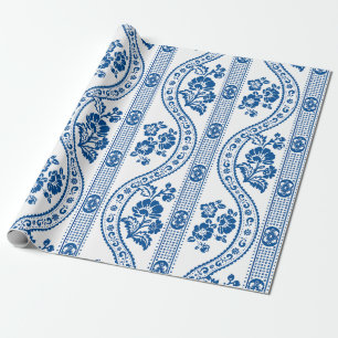 Blaue Florale Streifen Eleganz Geschenkpapier