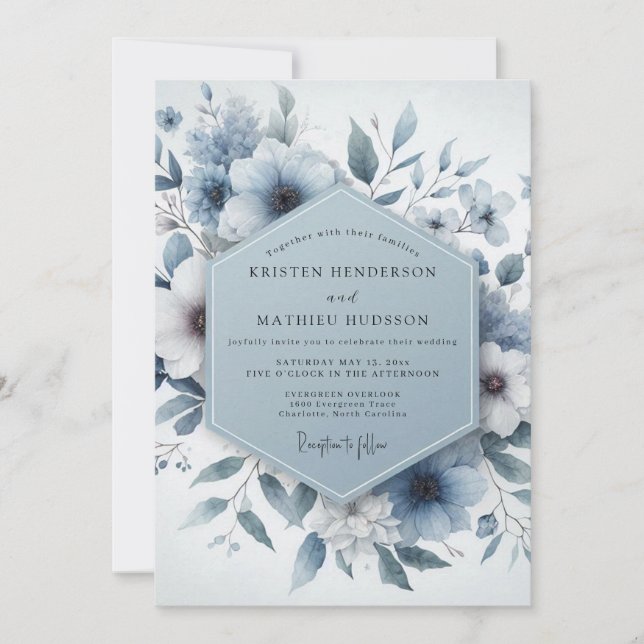 Blaue Florale Traumhochzeit Einladung (Vorderseite)