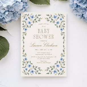 Blaue Florale Umrandung Elegante Babyparty-Einladu Einladung