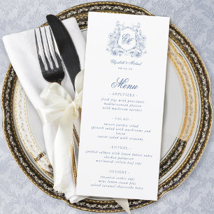 Blaue florale Wappen-Monogramm-Elegante Hochzeit Menükarte