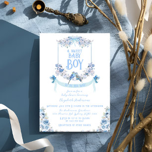 Blaue Florale Wappen Süßer Baby-Junge-Baby-Shower Einladung