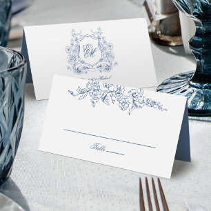 Blaue florale Wappenkartusche Monogramm Elegante H Platzkarte