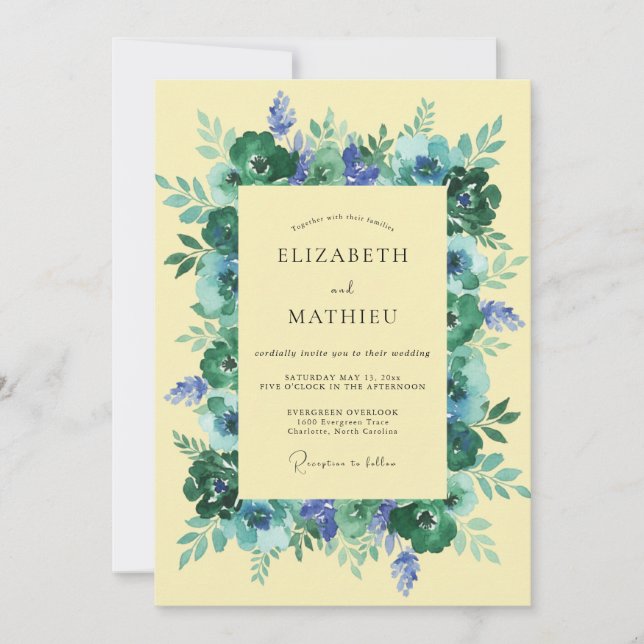 Blaue Florale Whimsy-Hochzeit Einladung (Vorderseite)