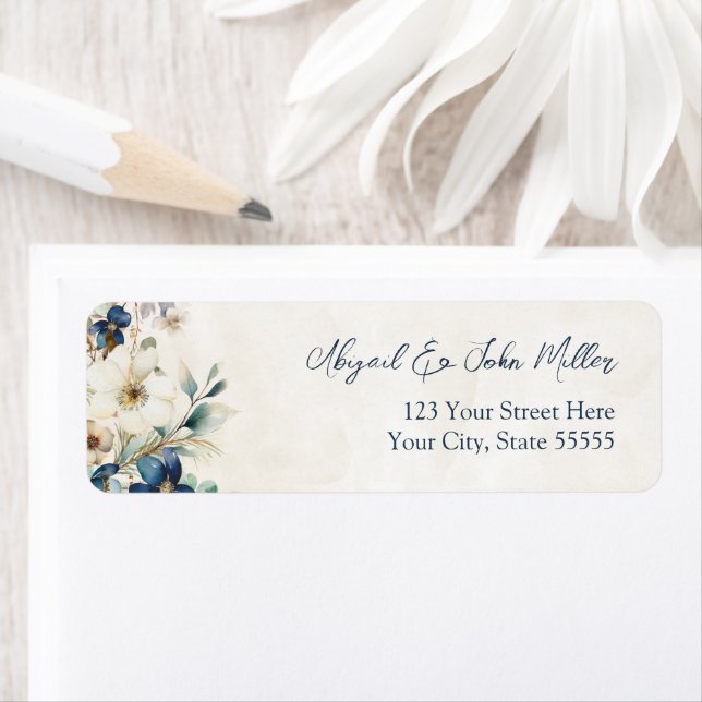 Blaue Florale Winterhochzeit-Rücksendeadressetiket (Insitu)