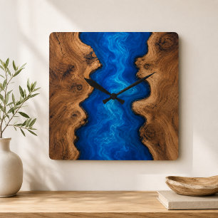 Blaue Fluss-Harz-Imitat-Holz Quadratische Wanduhr