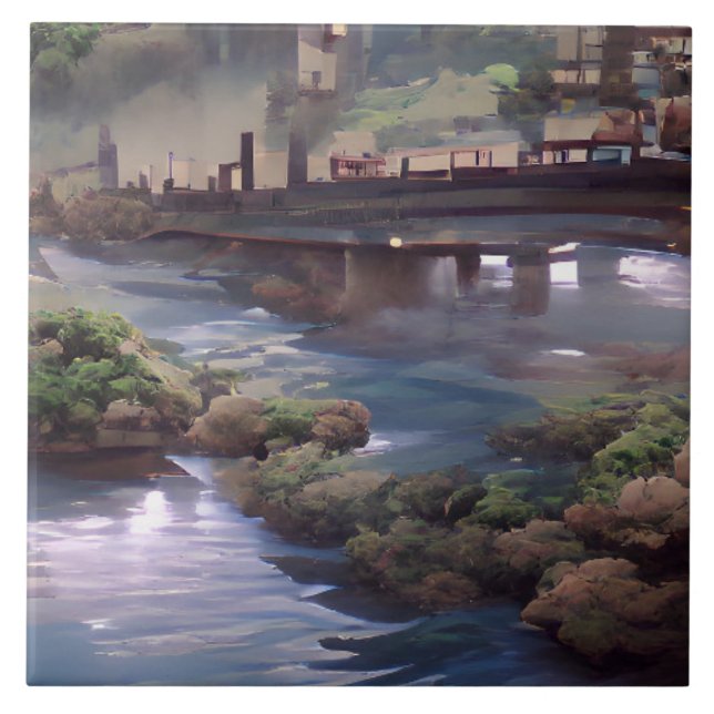 Blaue Flussbrücke, digitale Kunst Fliese (Vorderseite)