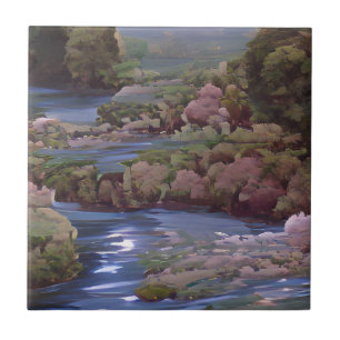 Blaue Flüsse, grüne Wälder, digitale Kunst Fliese