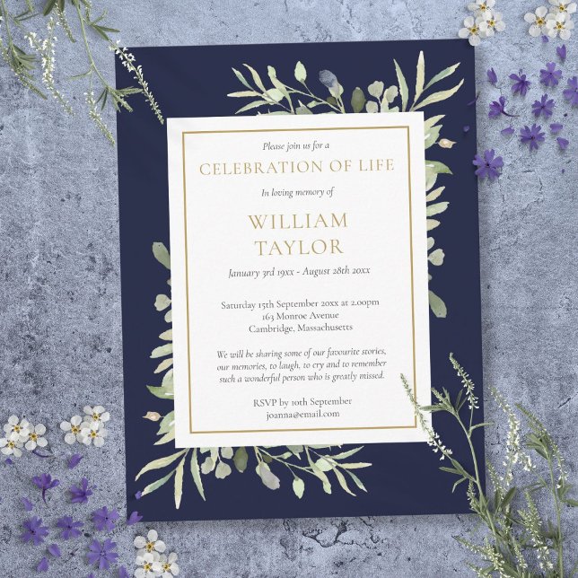 Blaue Foliage - Begehung des Lebens Postkarte (Navy Blue Foliage Celebration of Life Invitation Postcard)