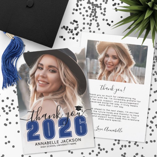 Blaue Foto Abschlussfeier Dankeskarte (Blue Photo Graduation Thank You Card)