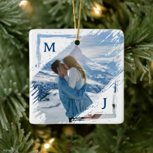 Blaue Foto-Erinnerung an das erste Weihnachten ver Keramikornament