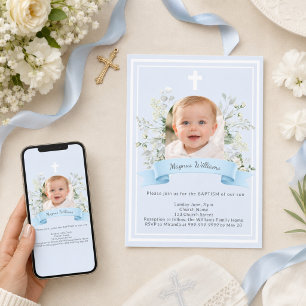 Blaue Foto-Junge weiße florale Bögen Taufe Einladung