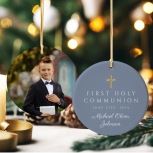 Blaue Foto religiöses Kreuz Junge Erstkommunion Keramik Ornament