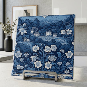 Blaue französische florale Toile De Jouy botanisch Fliese