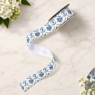 Blaue französische Toile-Blumenmuster Satinband
