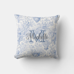 Blaue französische Toile de Jouy Monogramm Anfangs Kissen