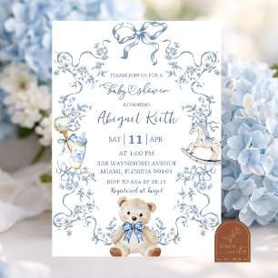 Blaue französische Toile-Einladung zur Babyparty f Einladung