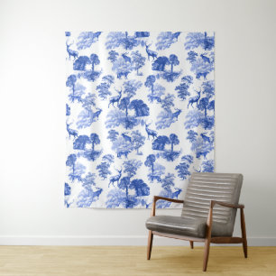 Blaue französische Toile-Hirsch-Fuchs-Waldmuster Wandteppich