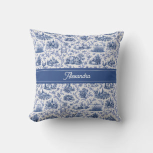 Blaue französische Toile-Land-Rosen-Zweig-Name Kissen