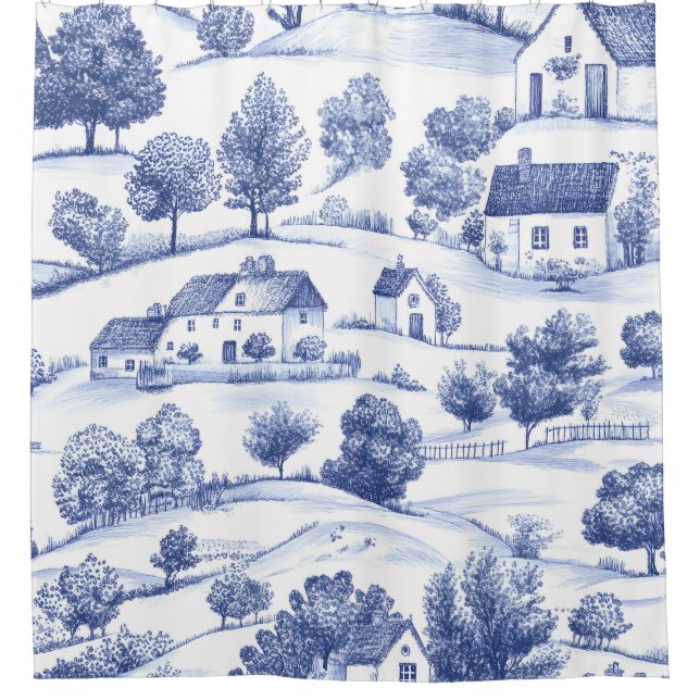 Blaue französische Toile-Landschaftsmuster Duschvorhang (Vorderseite)
