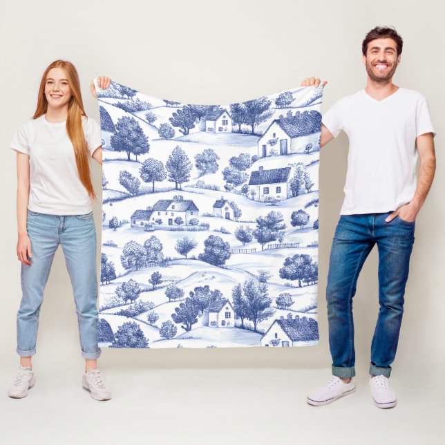 Blaue französische Toile-Landschaftsmuster Fleecedecke (Beispiel)
