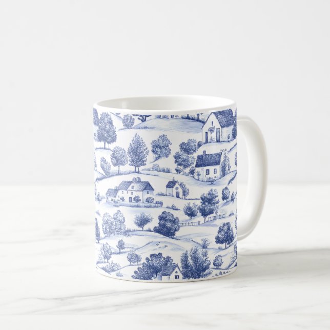 Blaue französische Toile-Landschaftsmuster Kaffeetasse (VorderseiteRechts)